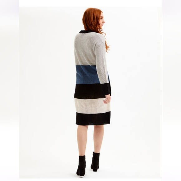 New Dark Blue & White Stripe Shaker-Stitch Sweater Dress - Picture 2 of 3